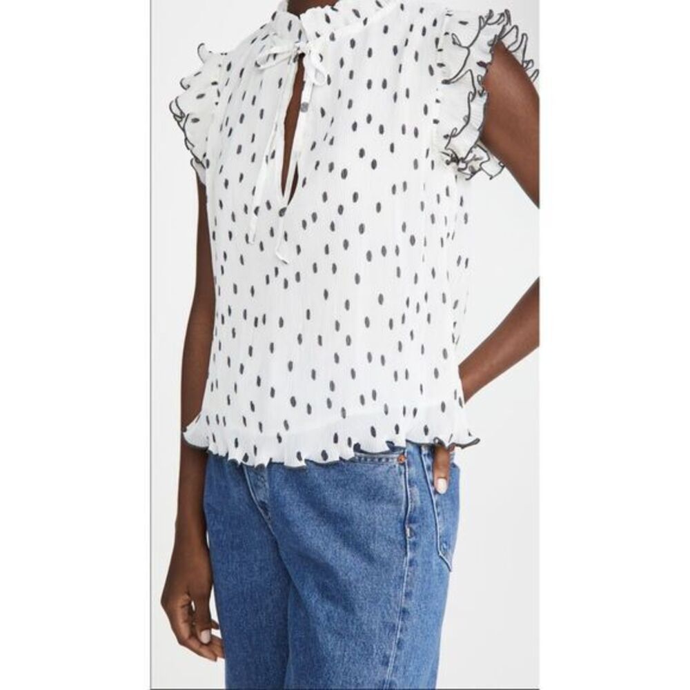 Ganni Pleated Georgette Flowy Top Womens Size 38 Medium Polka Dot Flutter Sleeve